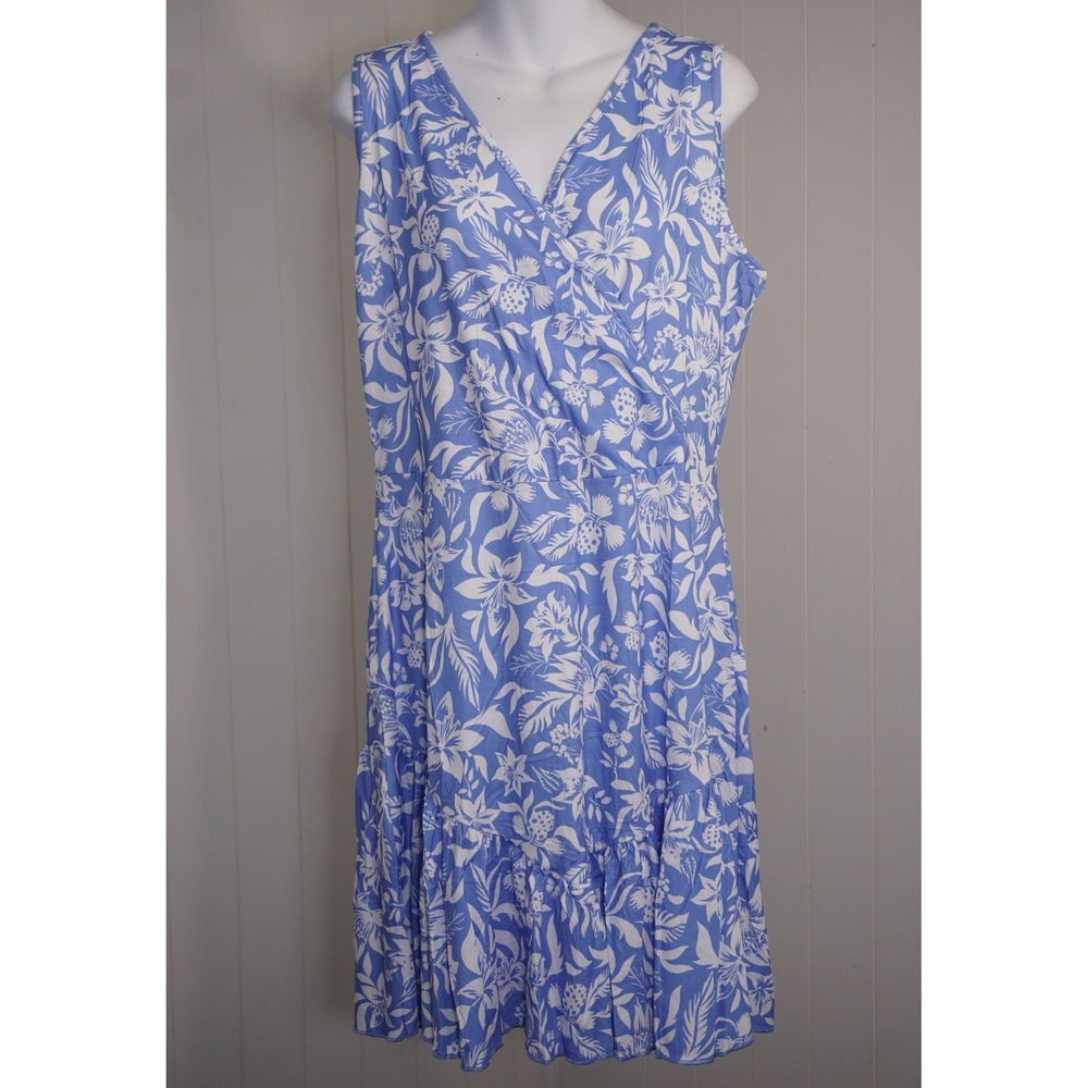 Fensace XL Blue Floral Sleeveless Faux Wrap Ruffle Hem Dress